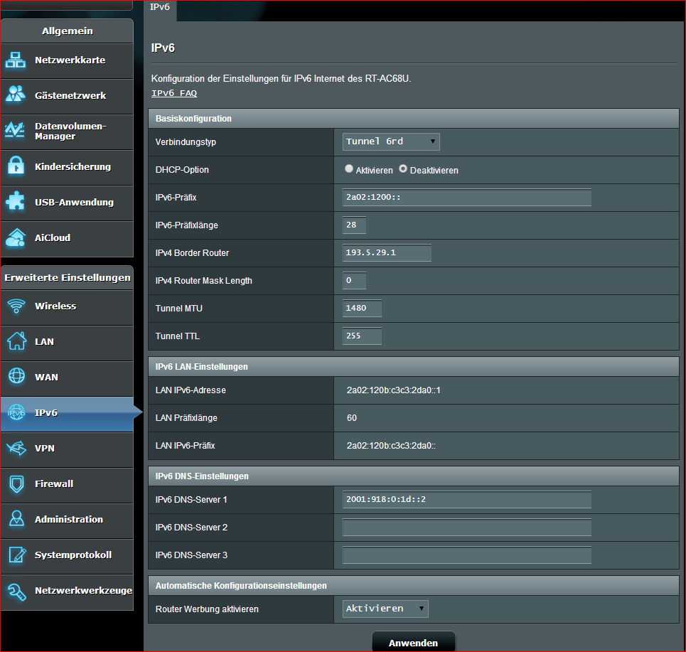 IPV6-Config ASUS RT-AC68U