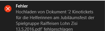 Fehlermeldung eines Dokumentes welches hochgeladen werden sollte