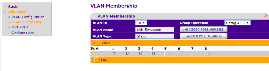 Switch 2/3 VLAN 10 Trunk zum uplink, untagged für die LAN Ports von Swisscom