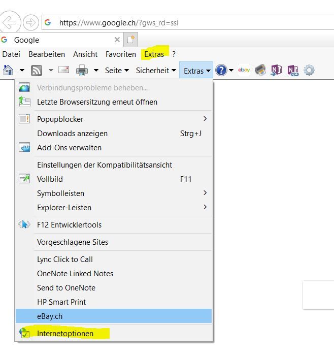 Wähle unter Extras Internetoptionen aus