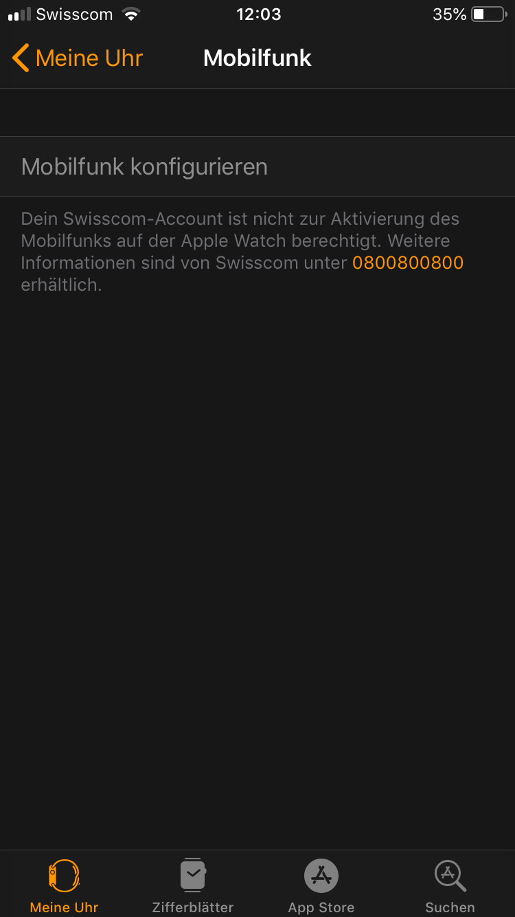 Das gleiche Ergebnis später in der Watch App unter Mobilfunk konfigurieren