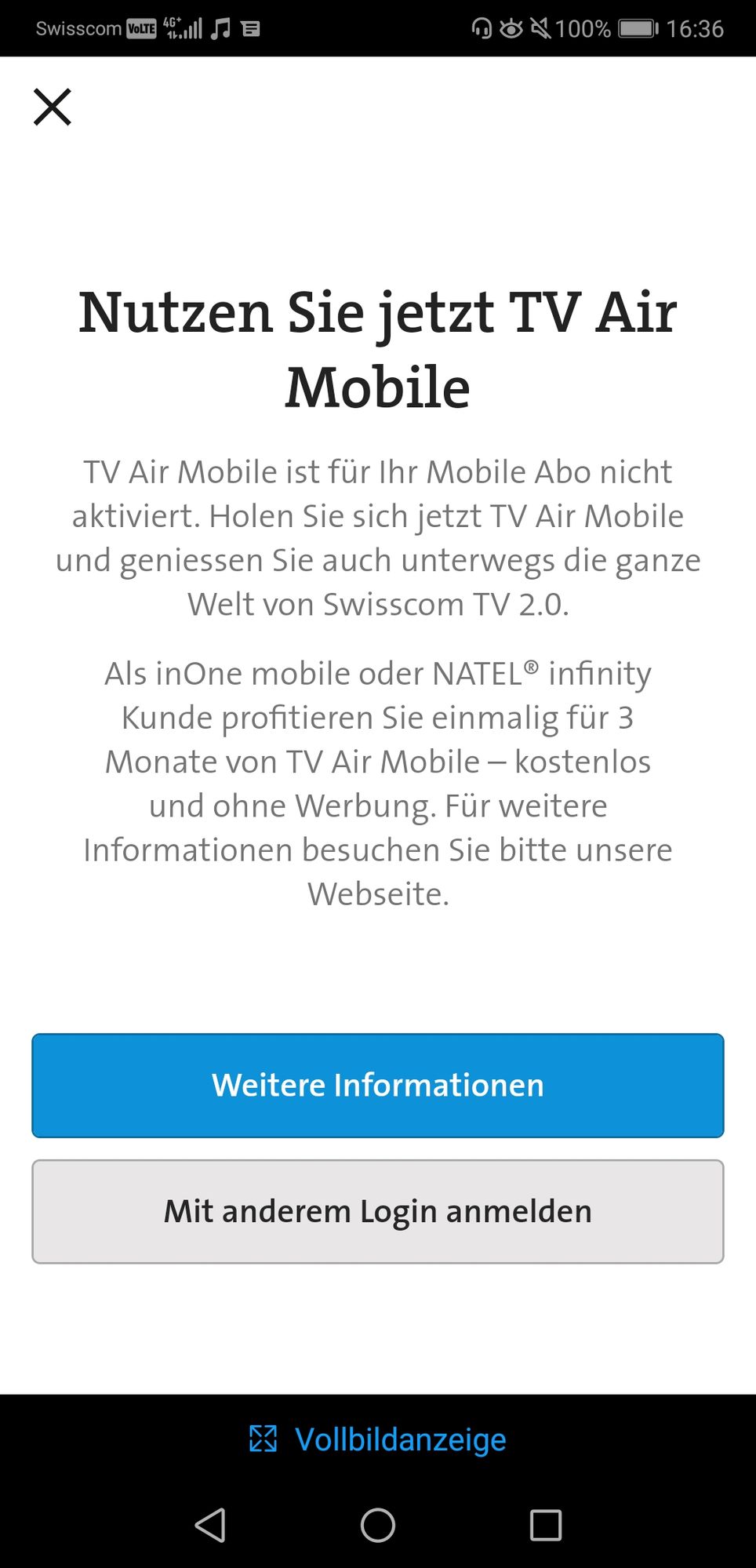 Ich melde mich mit in one mobile oder natel infinity an