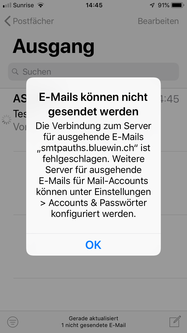 Fehlermeldung bei Versand Bluewin Mail via Internet Box 2