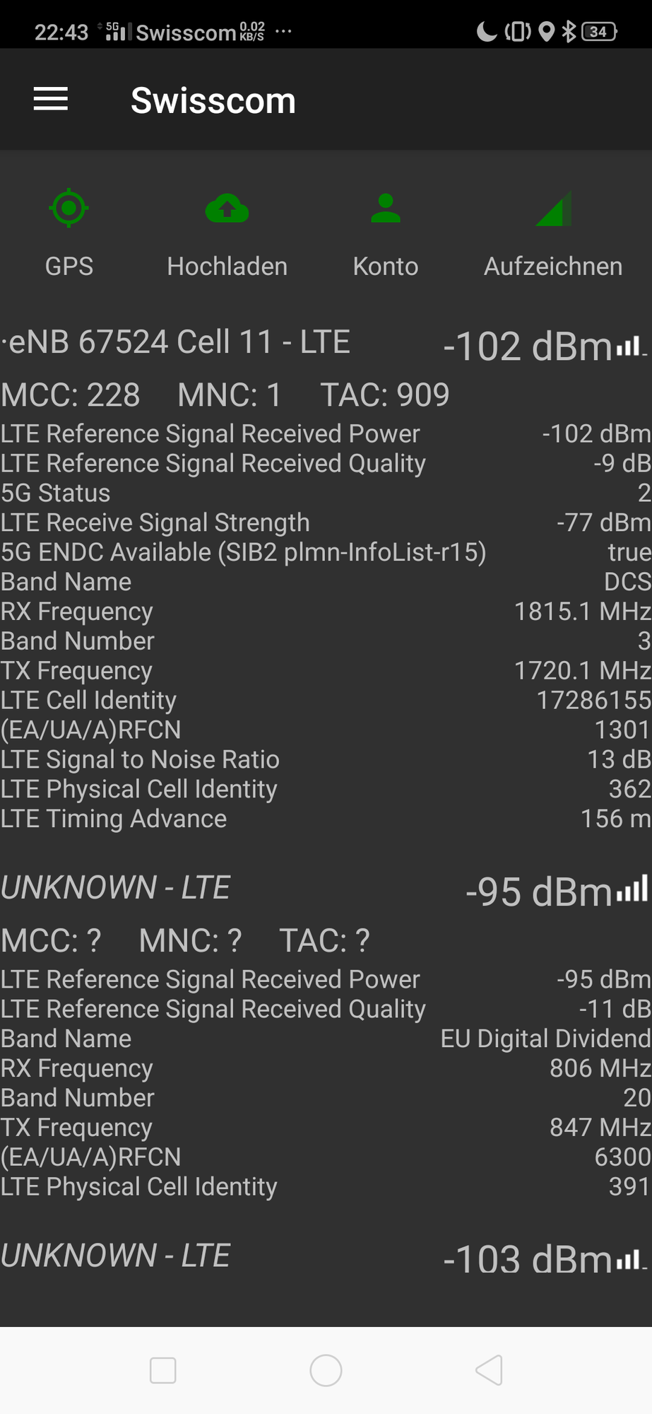 Hier im Hauptbildschirm von Cellmapper sieht man den 5G Status, falls die Zelle  5G aussendet