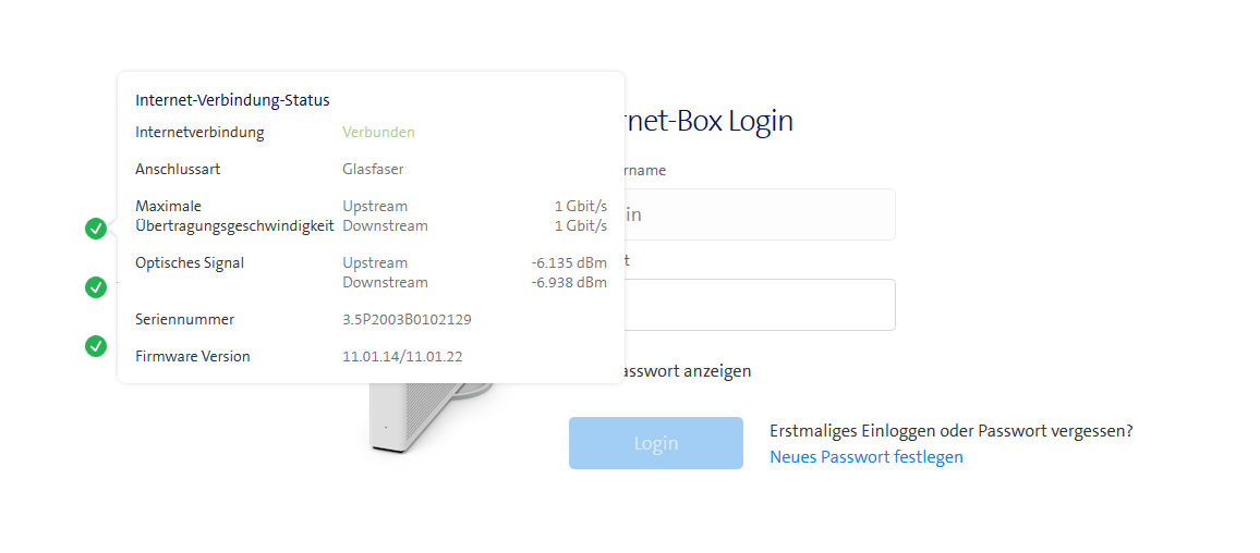 Glasfaseranschluss, bei der Internetbox 2 war mir nichts aufgefallen, habe heute mal die Verbindung zu Swisscom neu Synchronisiert, gem. Tool im Kundencenter